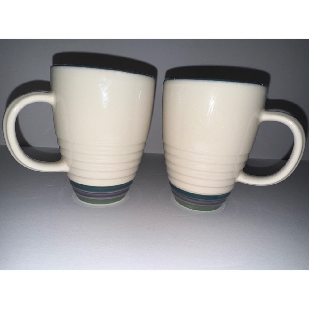 Pfaltzgraff Cream Stoneware Large Mugs Blue Green‎ Accent Ribbed Design Set of 2